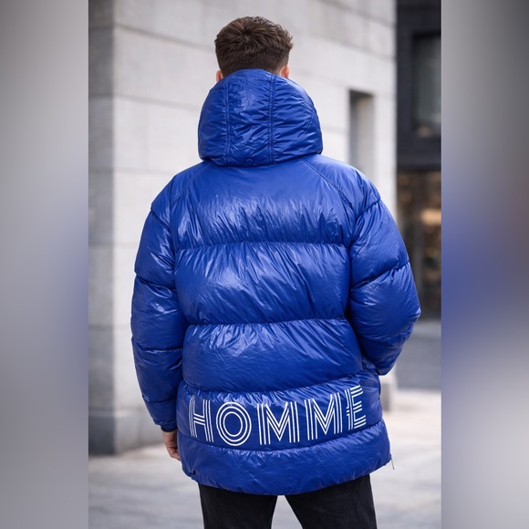 HOMME+ Vancouver Blue Down Puffer Jacket — Detachable Hood, Zip & Snap Front - Picture 3 of 11
